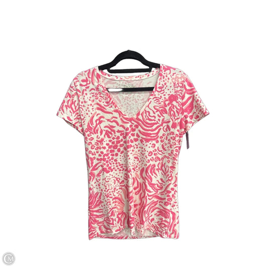 Top Short Sleeve Designer By Lilly Pulitzer In Pink & White, Size: S