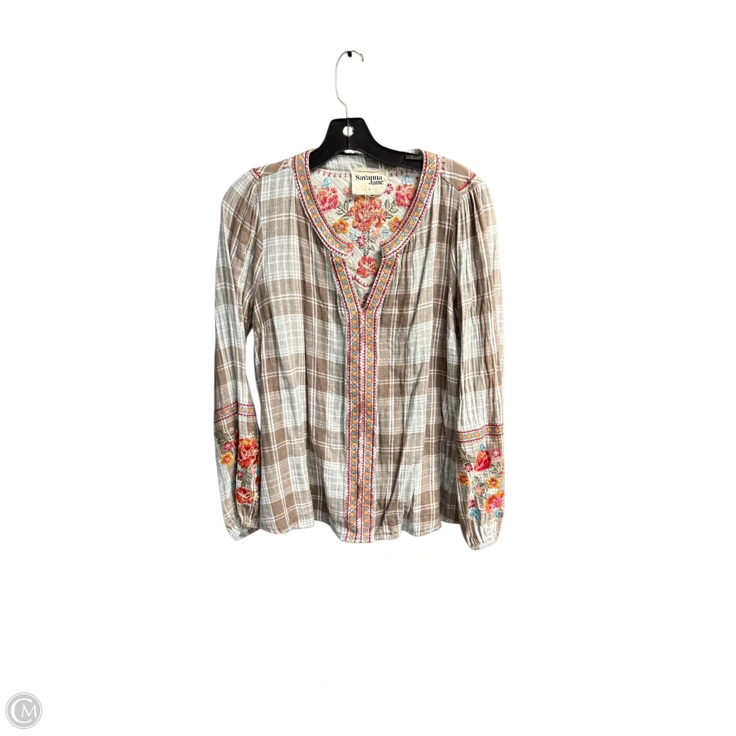 Top Long Sleeve By Savanna Jane In Plaid Pattern, Size: L